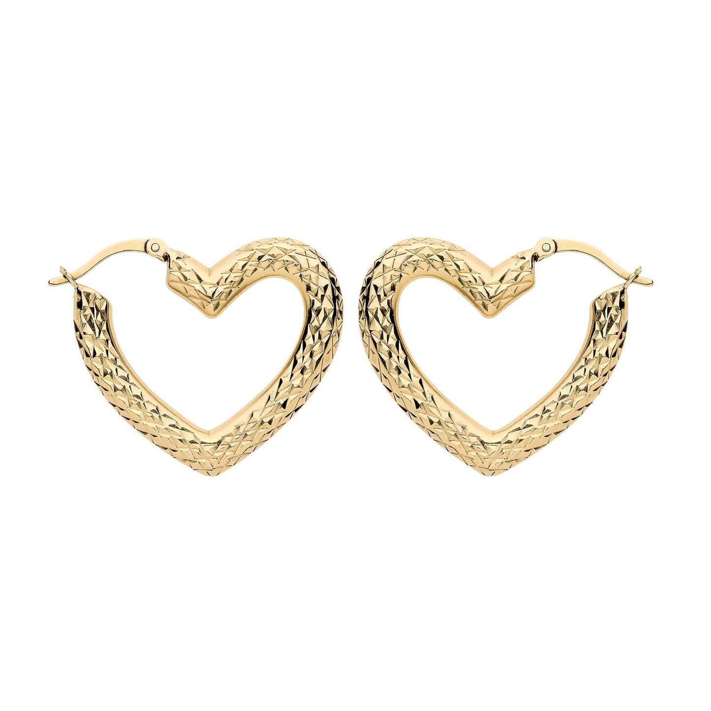 18ct Gold Heart Hoop Earrings on Solid Sterling Silver 31mm 925 Hallmarked