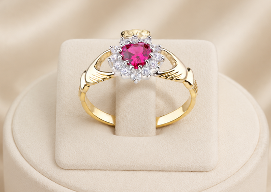 Ruby Claddagh Ring in Solid 9ct Yellow Gold Hallmarked Sizes MNOPQ