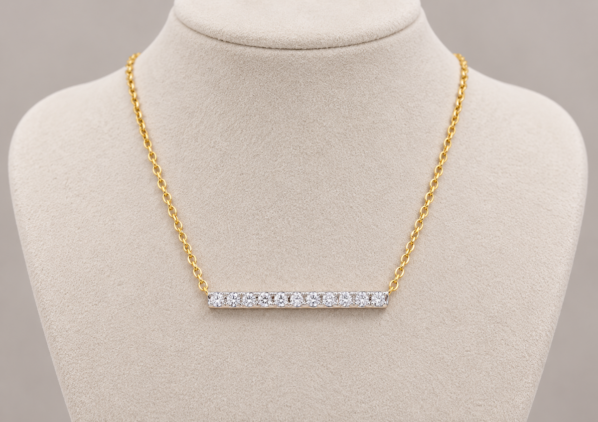 Real Diamond Bar Pendant Necklace 9ct Yellow Gold 16 - 17"
