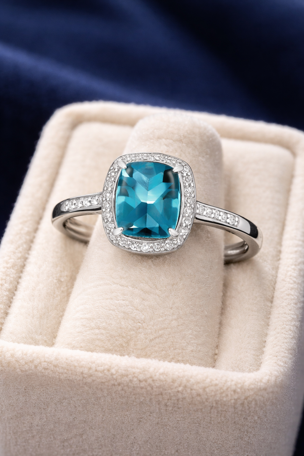 London Blue Topaz and Diamond Ring 9ct White Gold Cushion Cluster Size J - Q