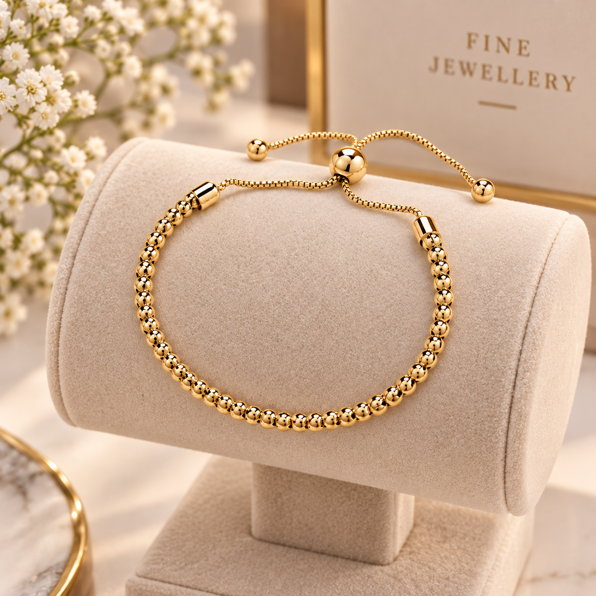 18ct Gold Adjustable Bolo Slider Bracelet Bead Chain Ball End on Sterling Silver