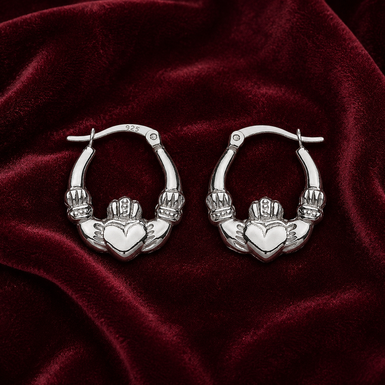 Sterling Silver Claddagh Creole Hoop Earrings 20mm 925 Hallmark