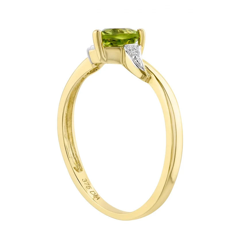 9ct Yellow Gold Heart Cut Peridot & Diamond Accent Ring 375 Gold Gift for Her