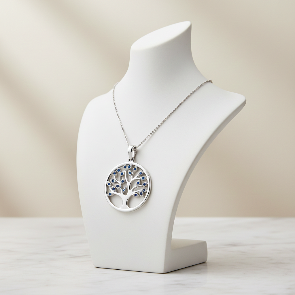 Sapphire Tree of Life Pendant Solid Sterling Silver 925 Hallmark 18" Chain