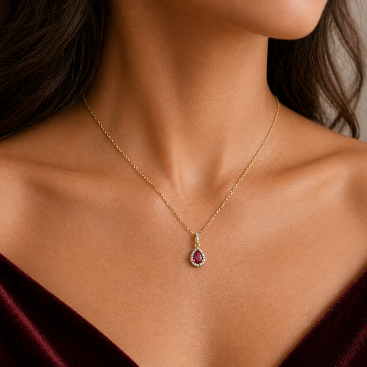 Ruby Pear Cluster Pendant With Diamond 18ct Yellow Gold 16" 41cm Length Chain