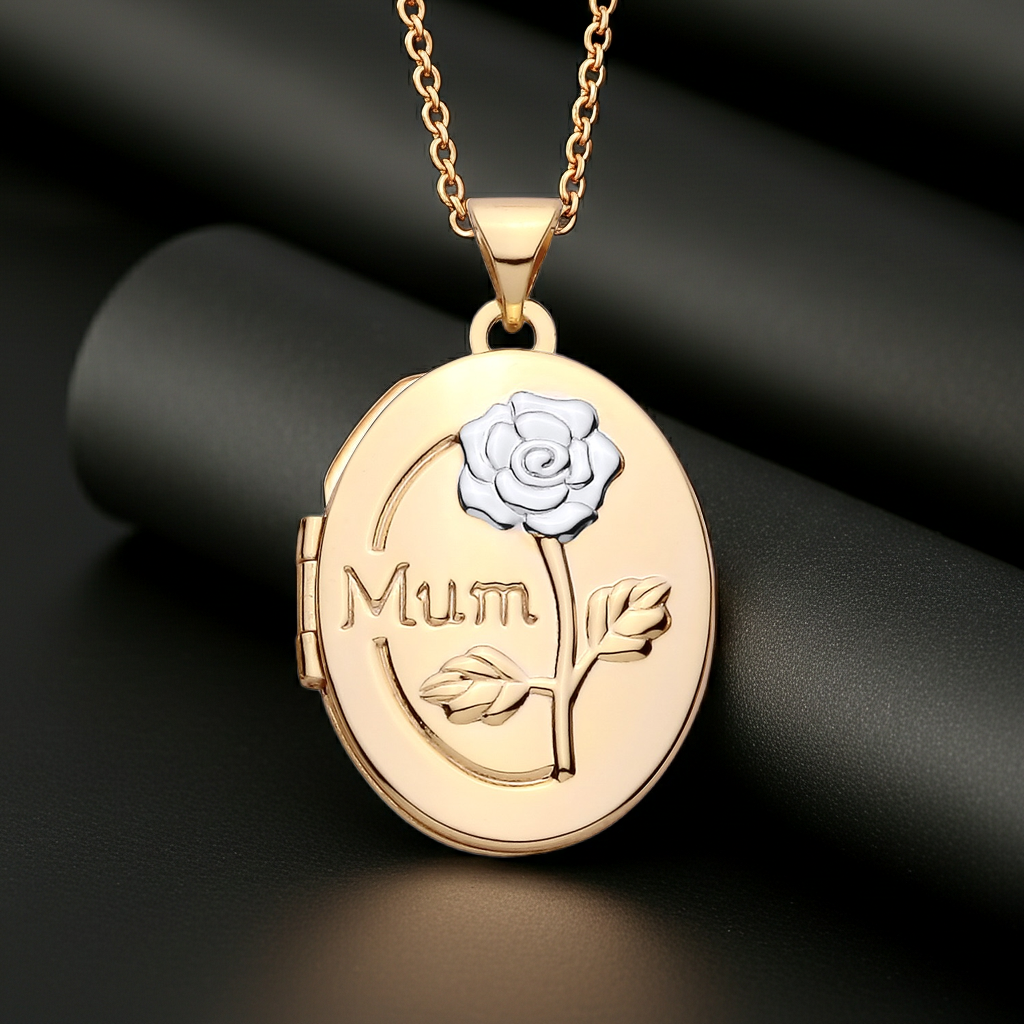 18ct Gold Mum Oval Locket Rose Design on Solid 925 Sterling Silver 18" Chain