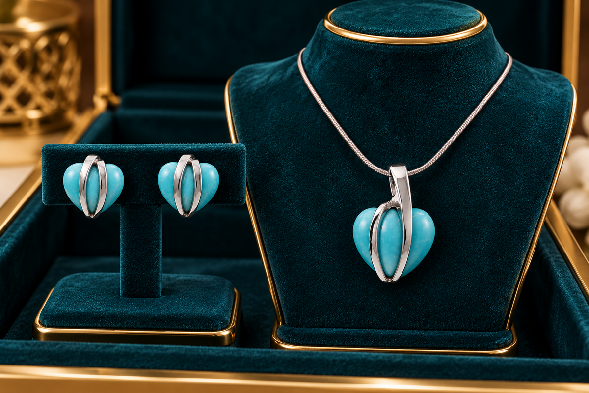 Real Turquoise Heart Pendant and Matching Earrings Set Solid Sterling Silver