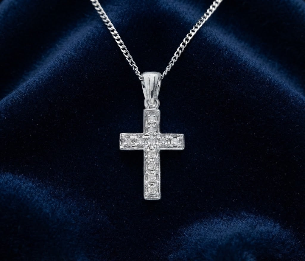 Real Diamond Cross Pendant 9ct White Gold 18" / 45cm Chain Hallmarked