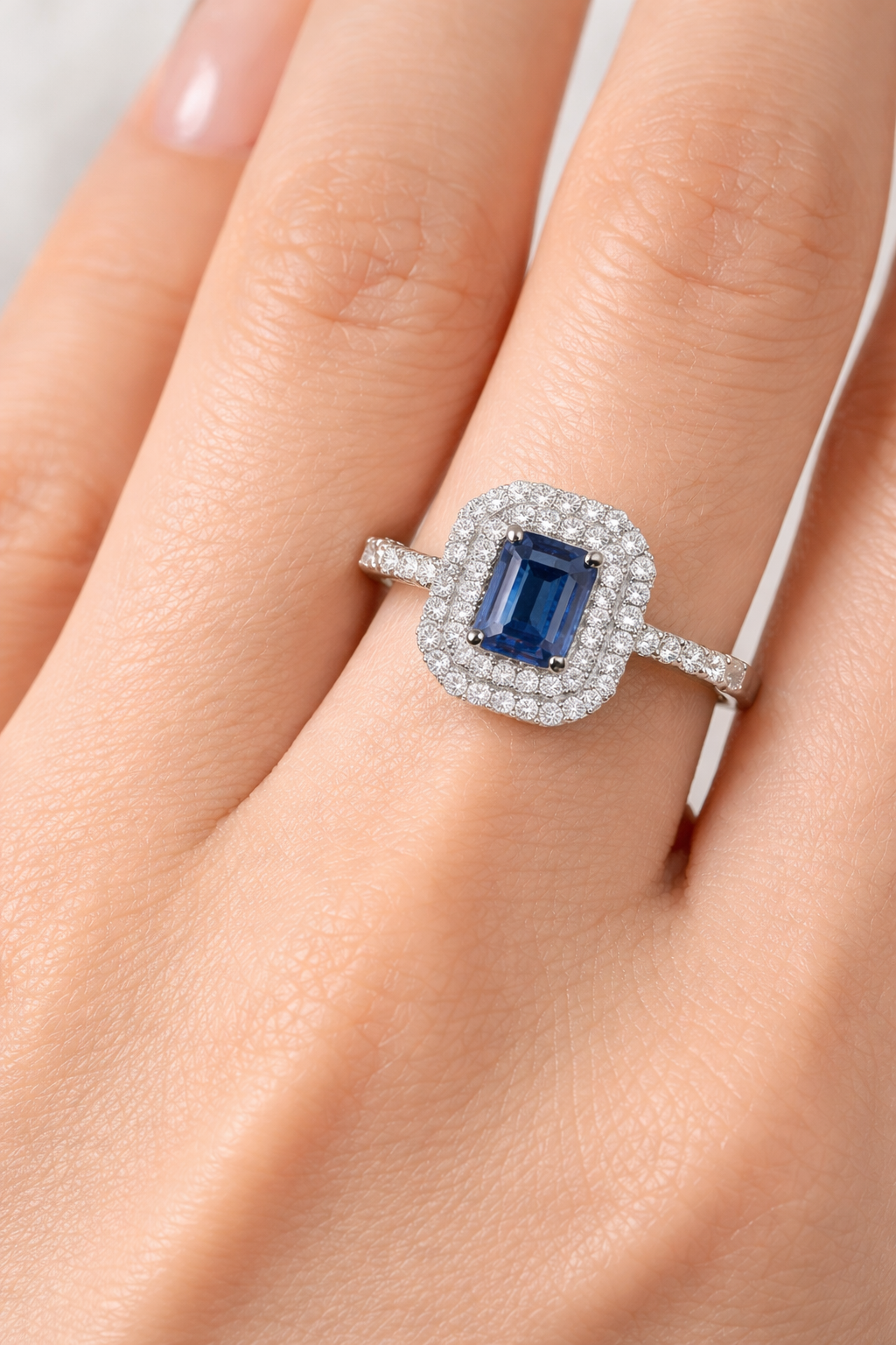 Emerald Cut Sapphire and Diamond Ring 0ct White Gold Halo Engagement Hallmarked