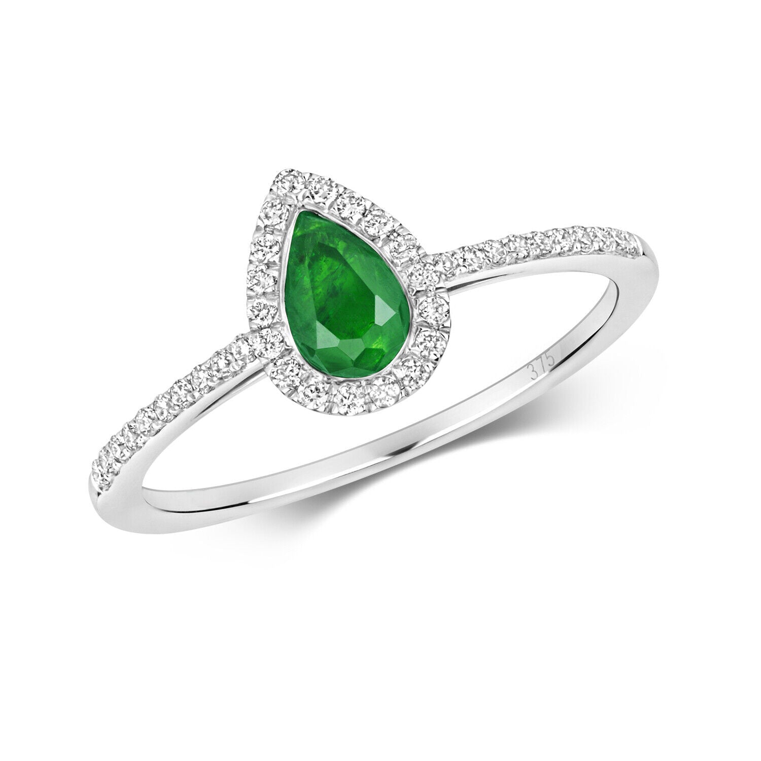 Real Emerald and Diamond Pear Ring 9ct White Gold Teardrop Cluster Size J - Q