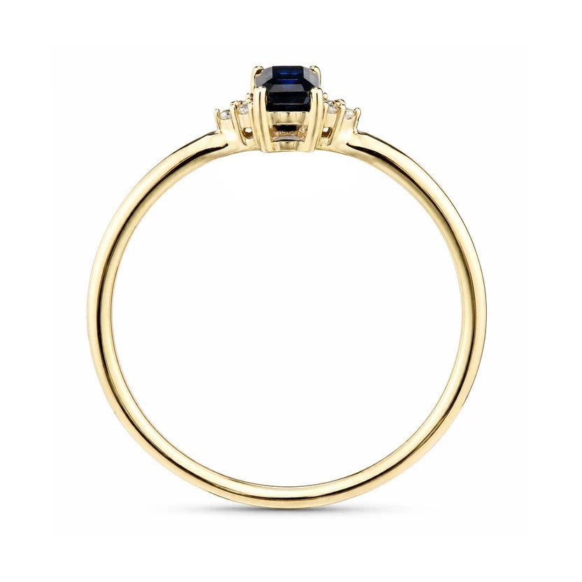 Sapphire Emerald Cut Solitaire Ring Real Diamond Accents 9ct Yellow Gold