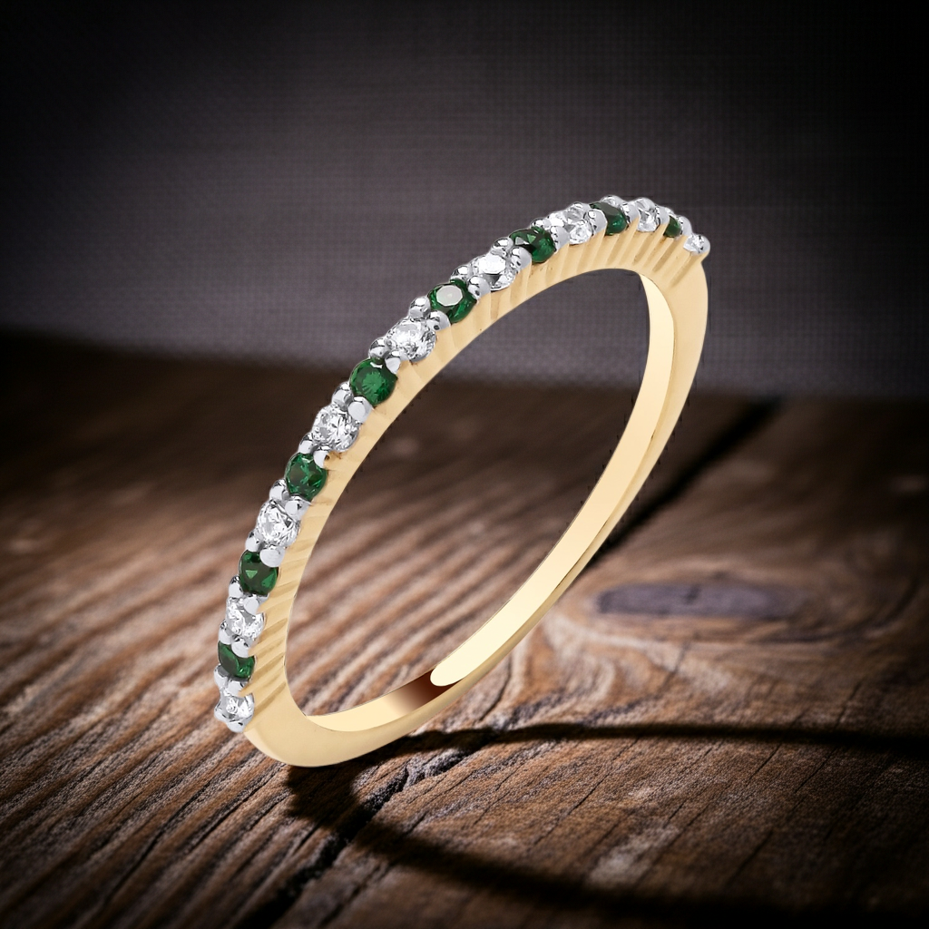 18ct Gold Emerald Eternity Ring on Solid Sterling Silver 925 Hallmark