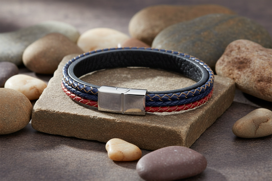 Fred Bennett Woven Blue, Red & Grey Leather Bracelet 22cm B5283
