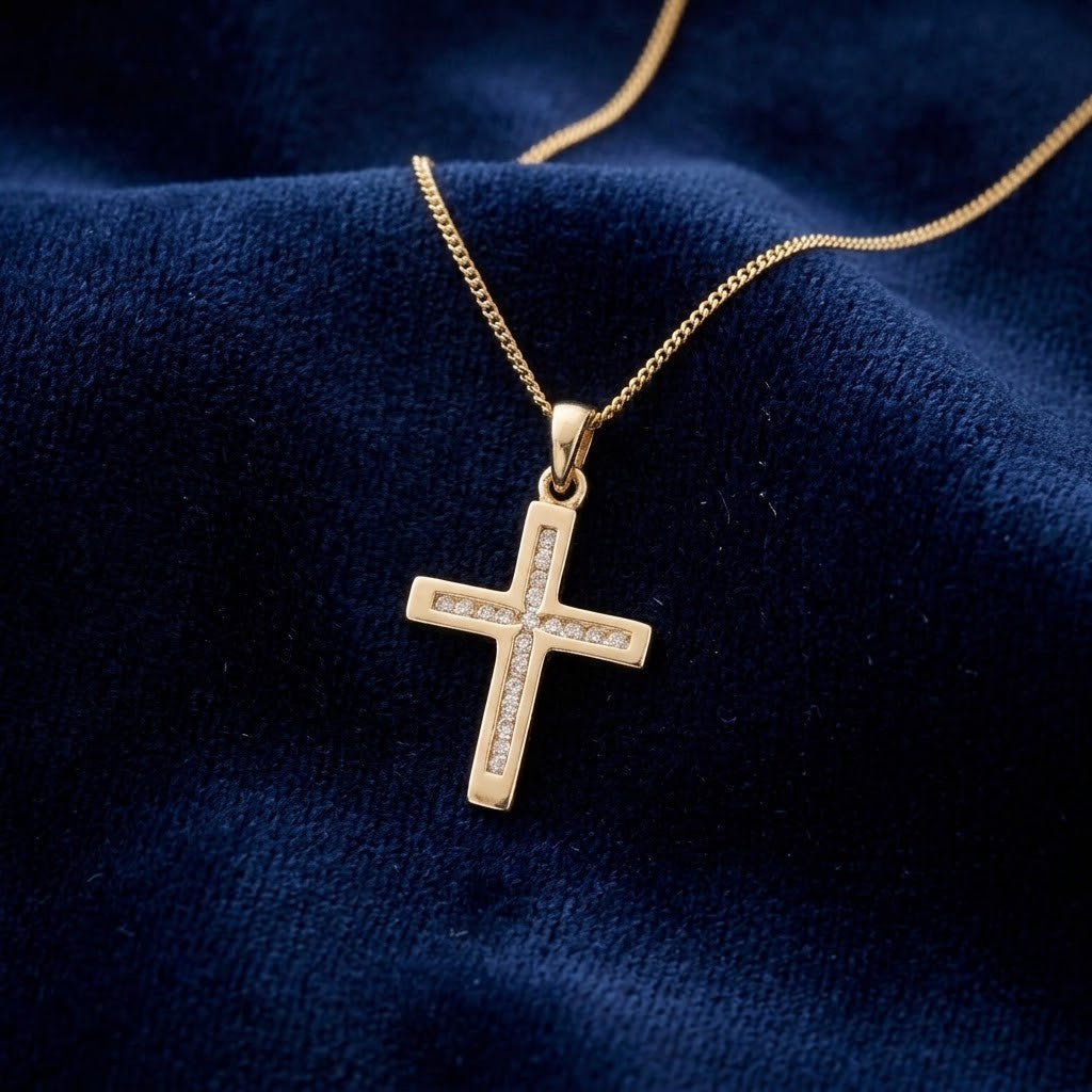 Elegant Channel-Set Diamond Cross Pendant Necklace Yellow Gold 18" Chain