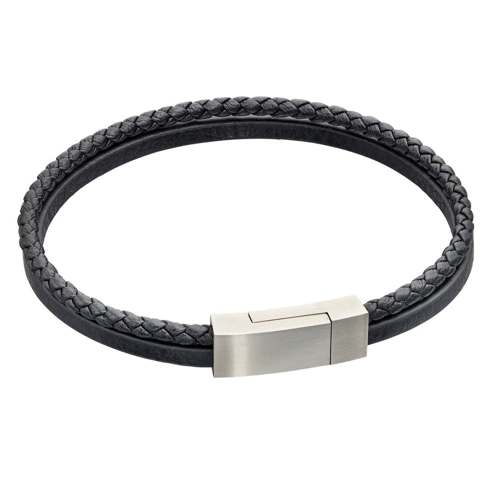 Fred Bennett Double Row Black Leather Bracelet 21cm B5321