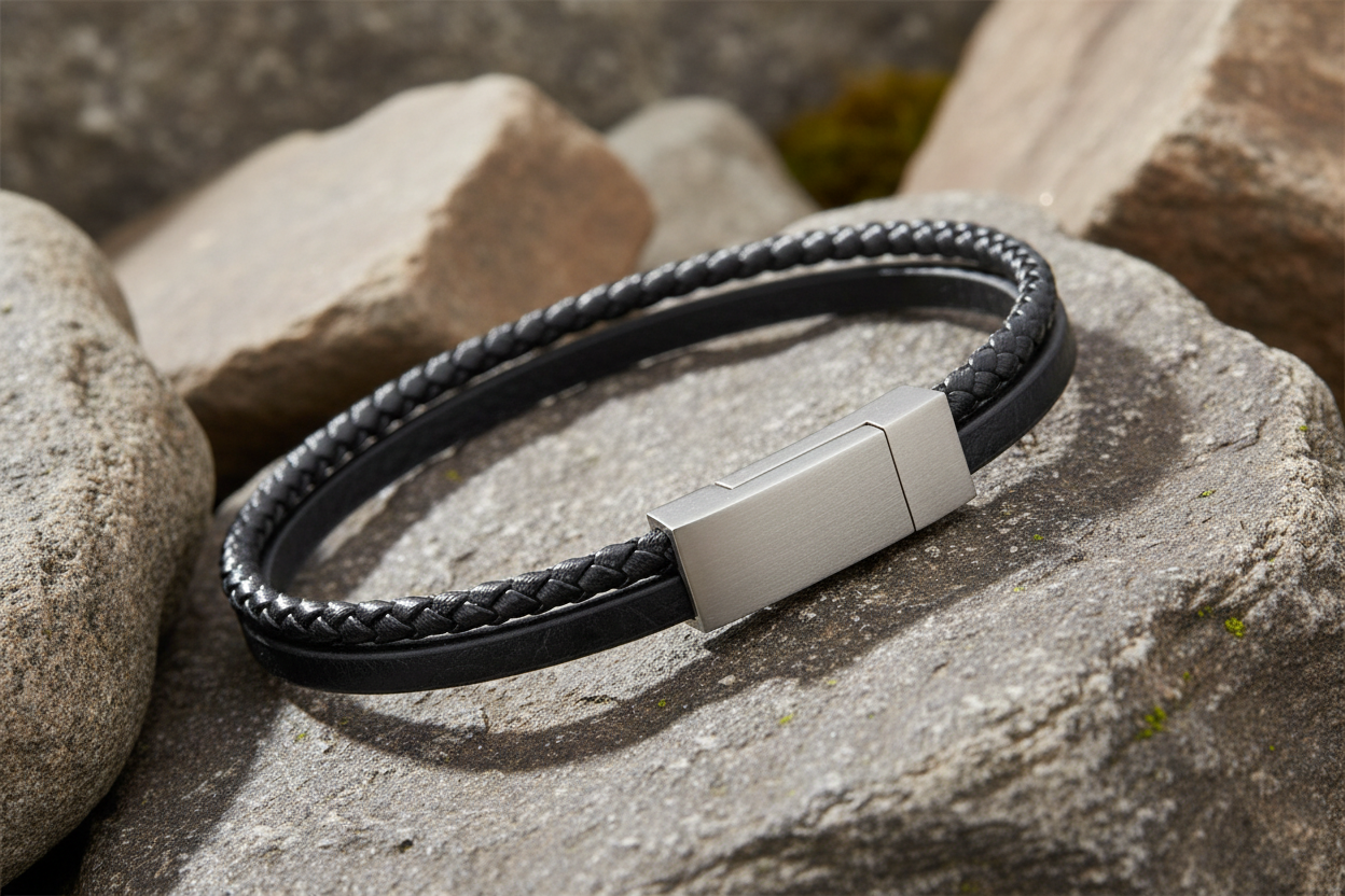 Fred Bennett Double Row Black Leather Bracelet 21cm B5321