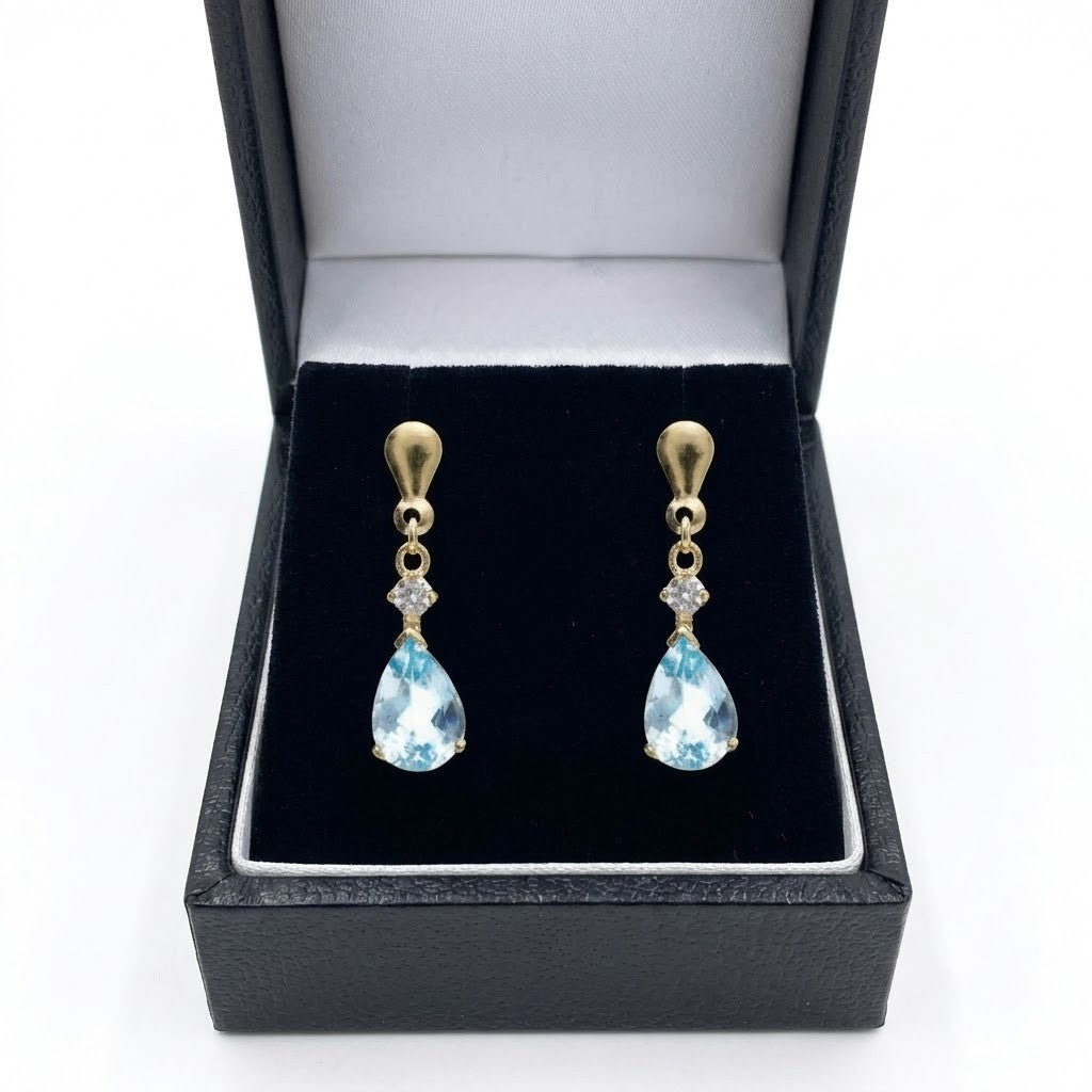 9ct Gold Blue Topaz Teardrop Dangle Earrings Diamond Accent Fine Jewellery