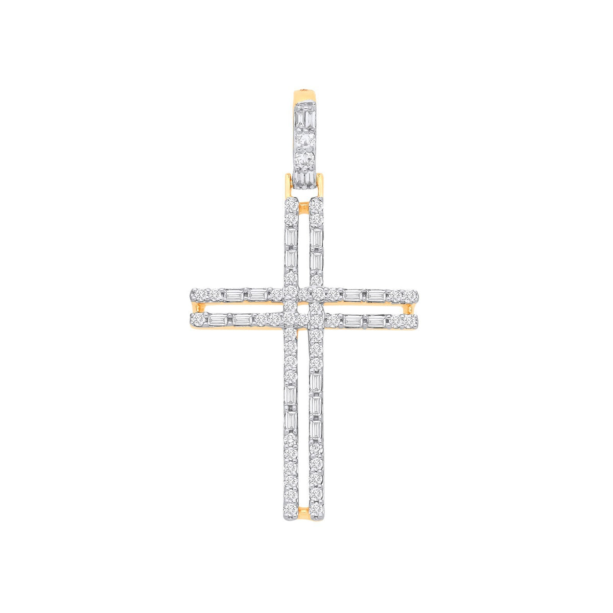 Diamond Cross Pendant Baguette & Round Cut 9ct Yellow Gold 18" Chain Hallmarked