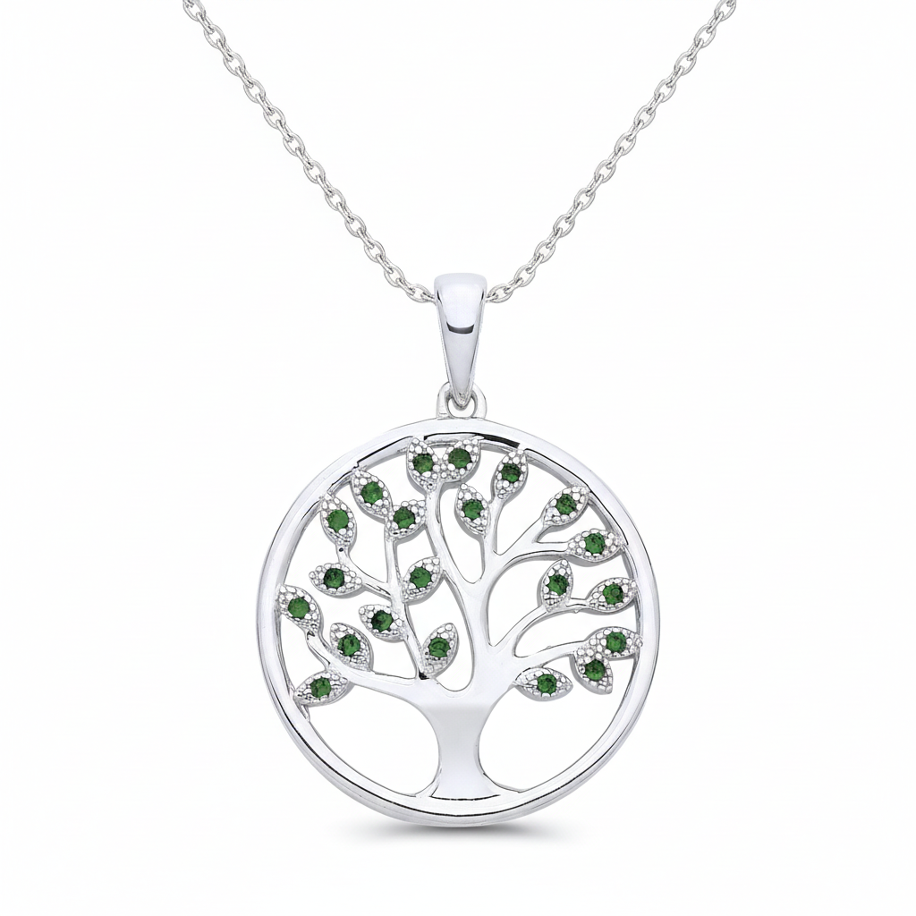 Emerald Tree of Life Pendant Solid Sterling Silver 925 Hallmark 18" Chain