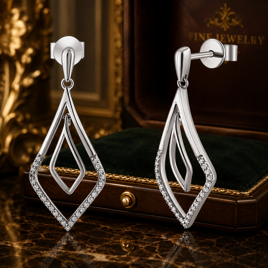 White Gold Natural Diamond Open Teardrop Dangle Drop Earrings 28mm Drop