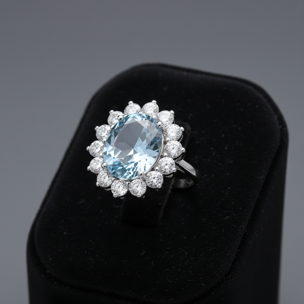 Sterling Silver Large Aquamarine Ring Cluster Engagement 925 Hallmark Size K-S