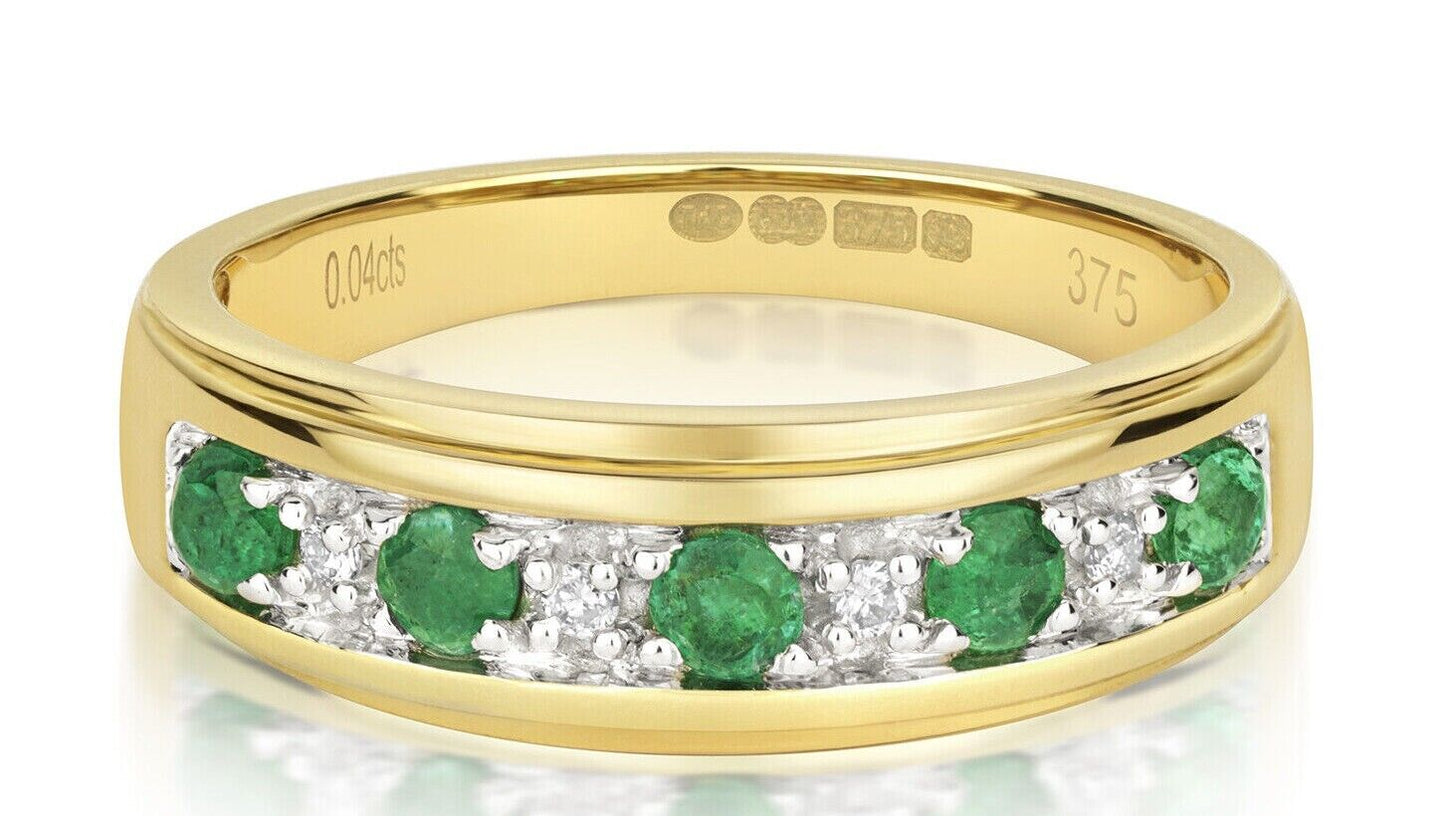 Real Emerald and Diamond Eternity Ring 5mm Band 9ct Yellow Gold