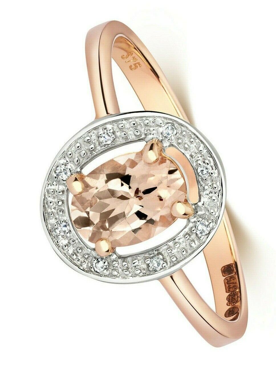 Real Morganite and Diamond Ring Solid Rose Gold Oval Halo Cluster Size J - Q