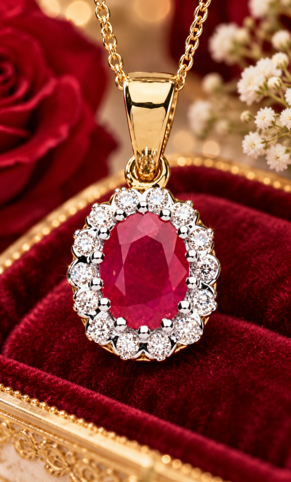 Real Ruby Oval Pendant With Natural Diamonds Yellow Gold 18" Chain