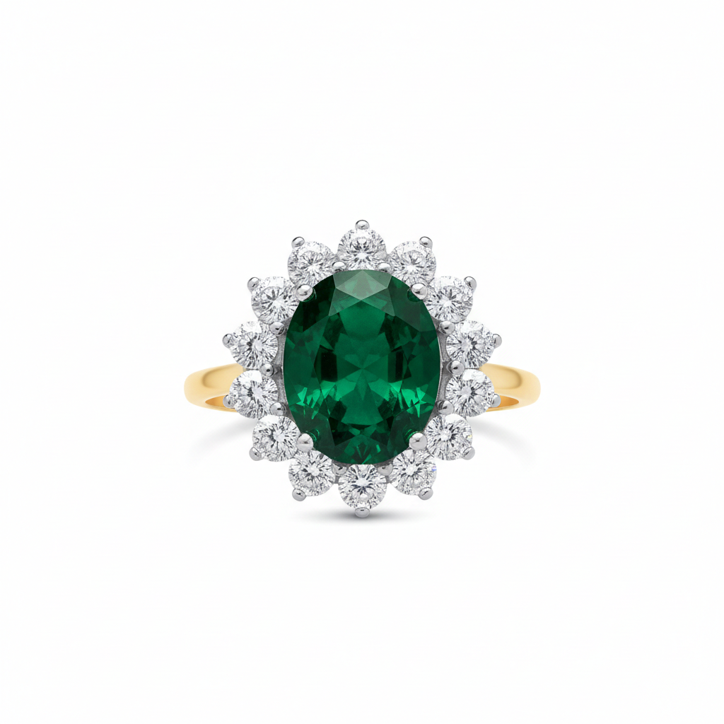 18ct Gold Large Emerald Ring Cluster on Sterling Silver 925 Hallmark Size K-S