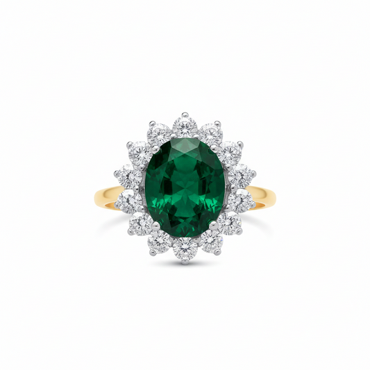 18ct Gold Large Emerald Ring Cluster on Sterling Silver 925 Hallmark Size K-S