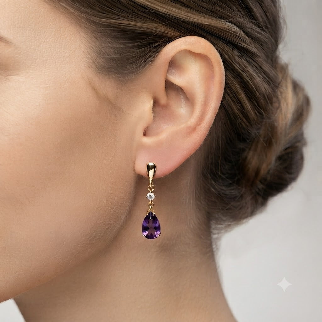9ct Gold Drop Earrings with Amethyst and Diamond Accents, Pierced Design