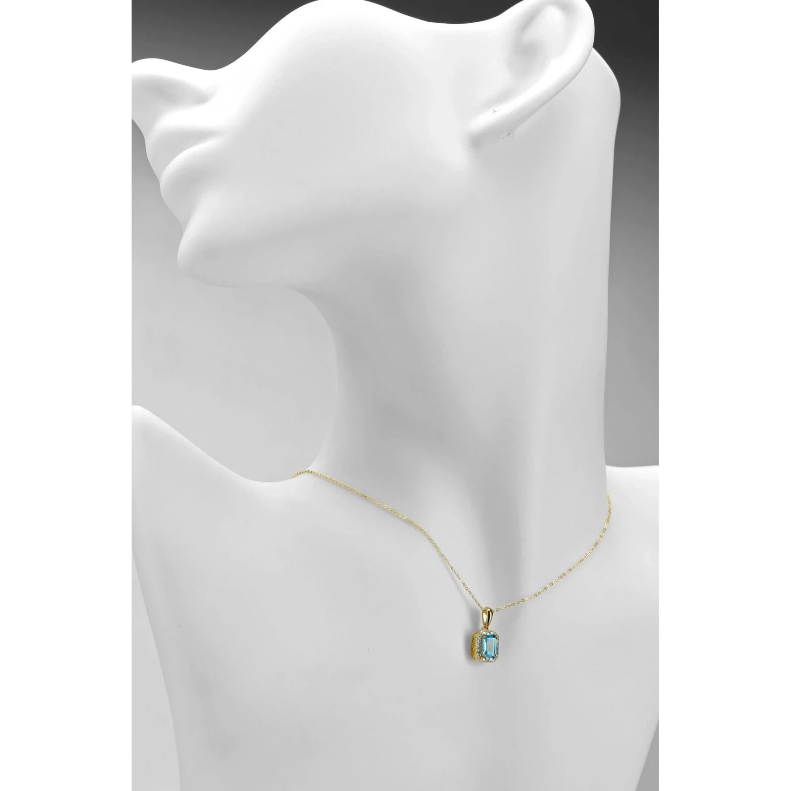 Sky Blue Topaz Pendant With Diamond Halo Solid Yellow Gold 18" 46cm Length Chain