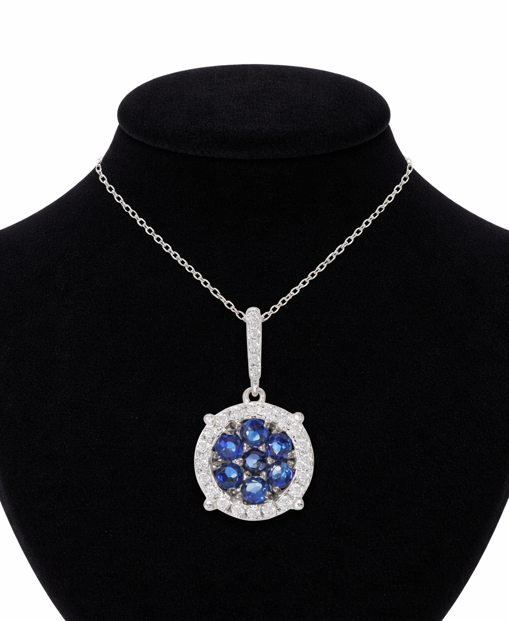 Sapphire and Diamond Cluster Pendant 9ct White Gold 18" 46cm Length Chain