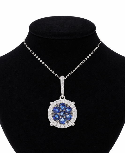 Sapphire and Diamond Cluster Pendant 9ct White Gold 18" 46cm Length Chain