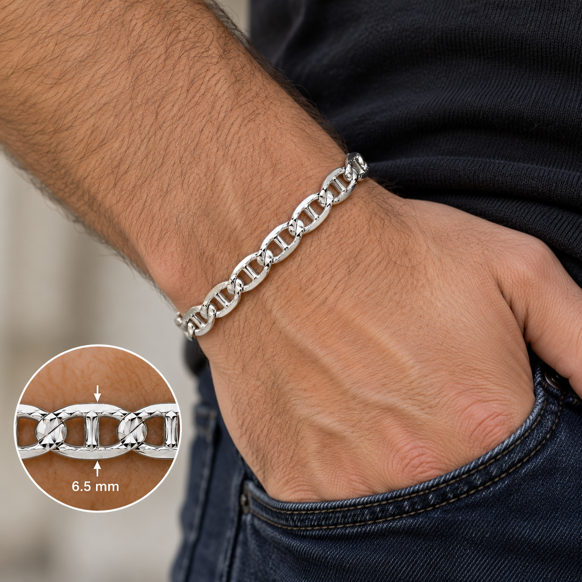 Men's Anchor Mariner Bracelet Solid Silver Diamond Cut Hallmarked 6.5mm Wide 8"