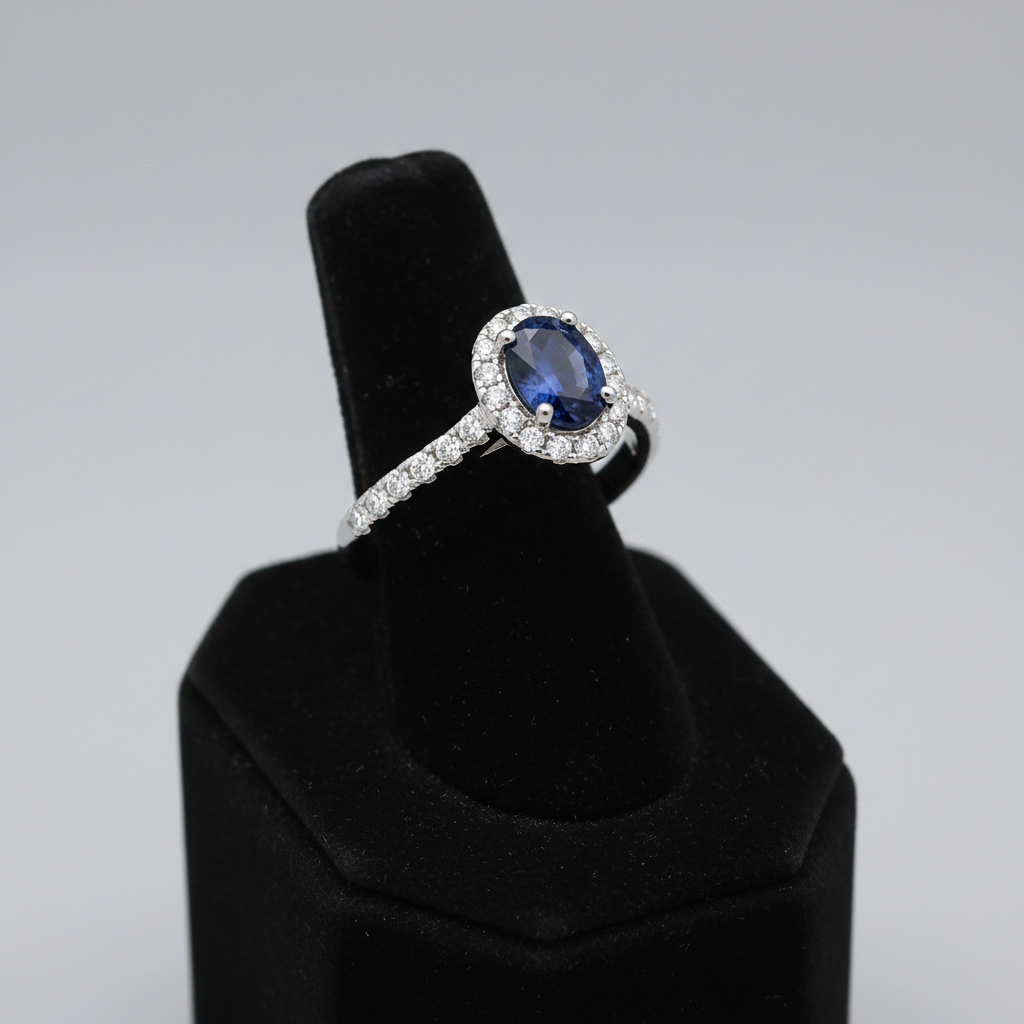 Sterling Silver Sapphire Ring Oval Halo Engagement 925 Hallmark Size K-S