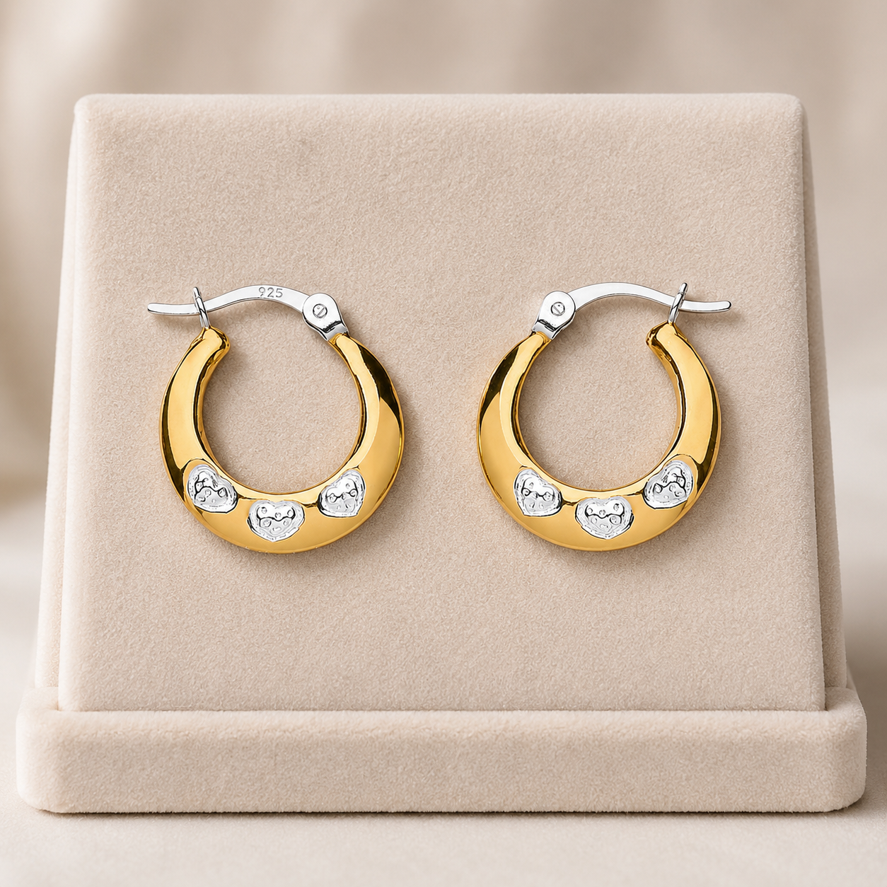 Two Tone Creole Hoop Earrings With Hearts 18ct Gold on Sterling Silver 925