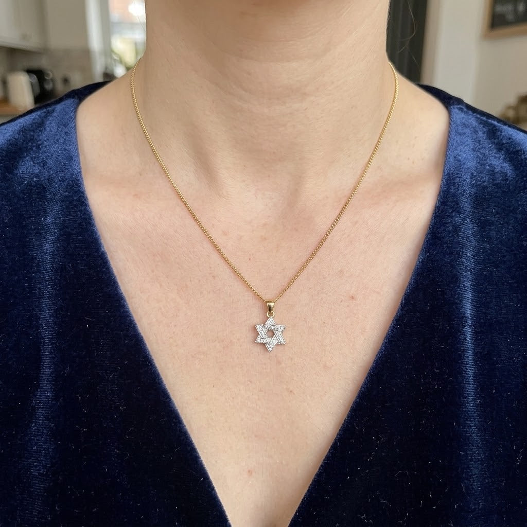 Star of David Diamond Pendant Necklace 9ct Yellow Gold 18" Chain