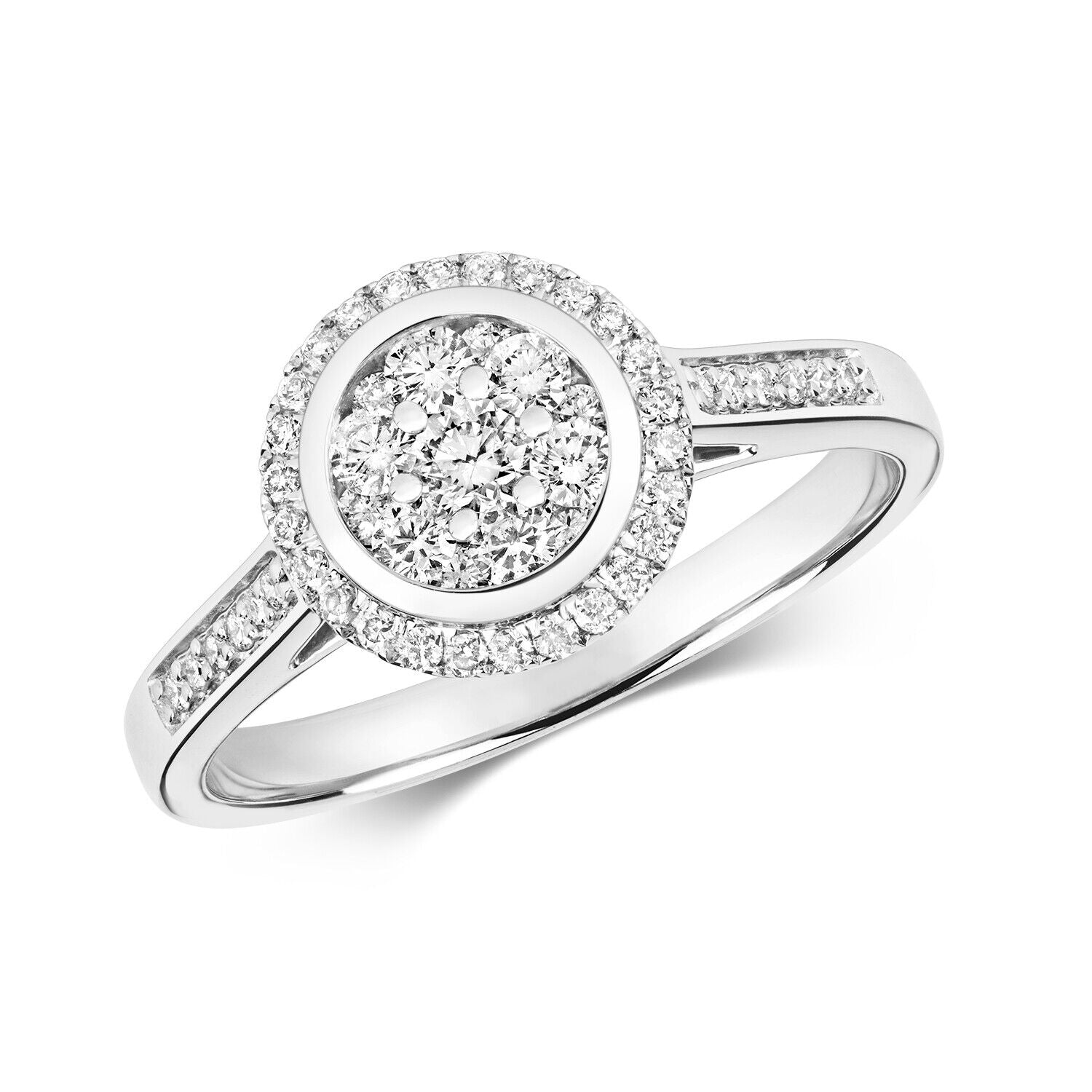 Real Diamond Ring 9ct White Gold Cluster Halo Engagement 0.50 Carat Weight