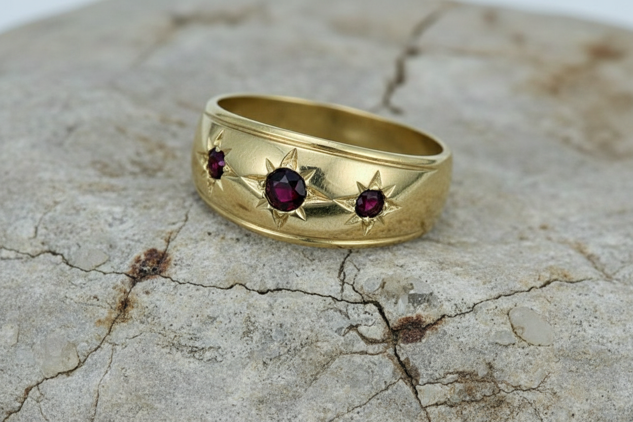 Men's Three Stone Garnet Ring 9ct Yellow Gold Gypsy Setting Hallmarked