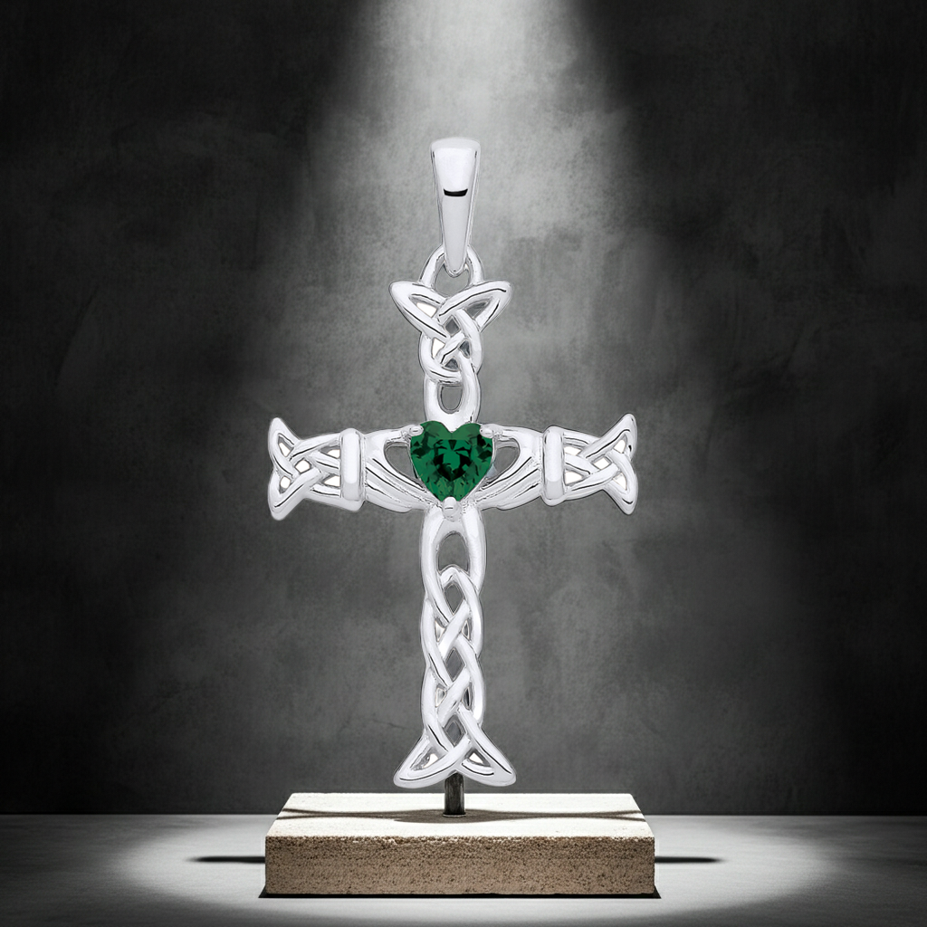 Emerald Claddagh Celtic Cross Pendant Solid Sterling Silver 18" Chain 925