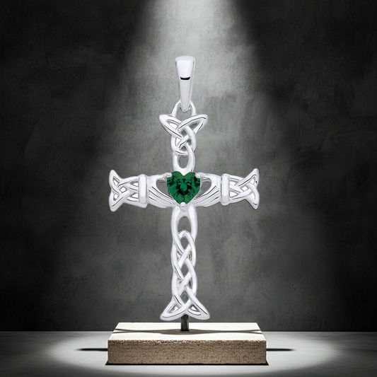 Emerald Claddagh Celtic Cross Pendant Solid Sterling Silver 18" Chain 925