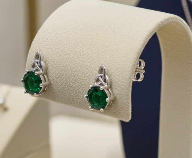 Emerald Celtic Stud Earrings Solid Sterling Silver 925 Hallmark Rhodium Finish
