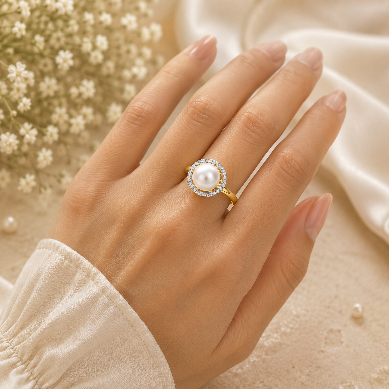 9ct Yellow Gold Freshwater Pearl & Diamond Halo Ring