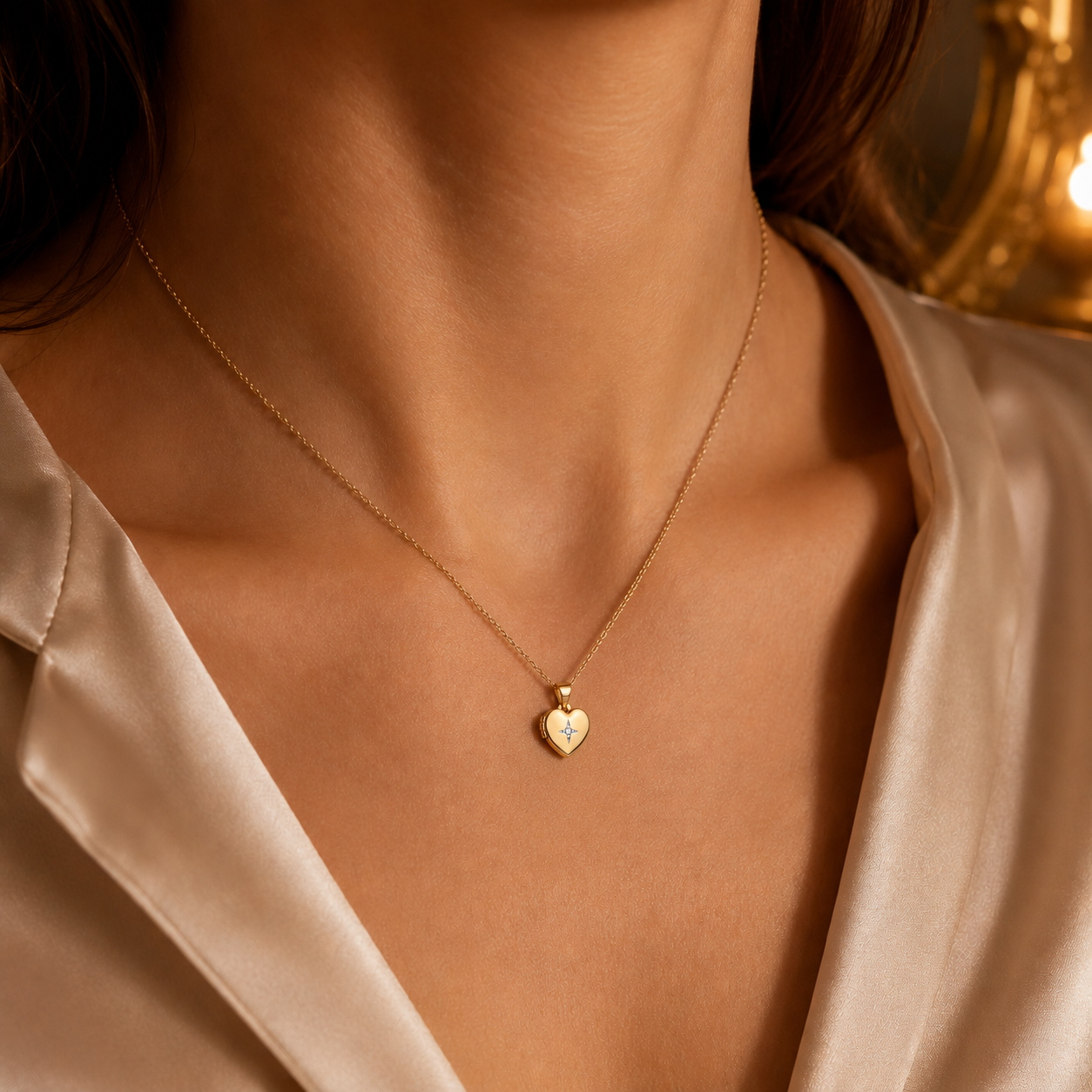 Heart Shaped Gold Locket Pendant with Natural Diamond on Sterling Silver 18"