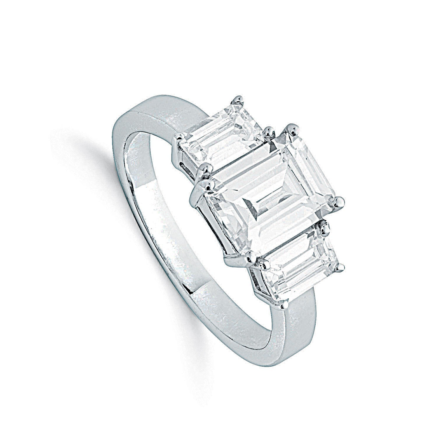 Sterling Silver Claw Set Emerald Cut Zircon Trilogy Ring 925 Hallmark Size J - Q