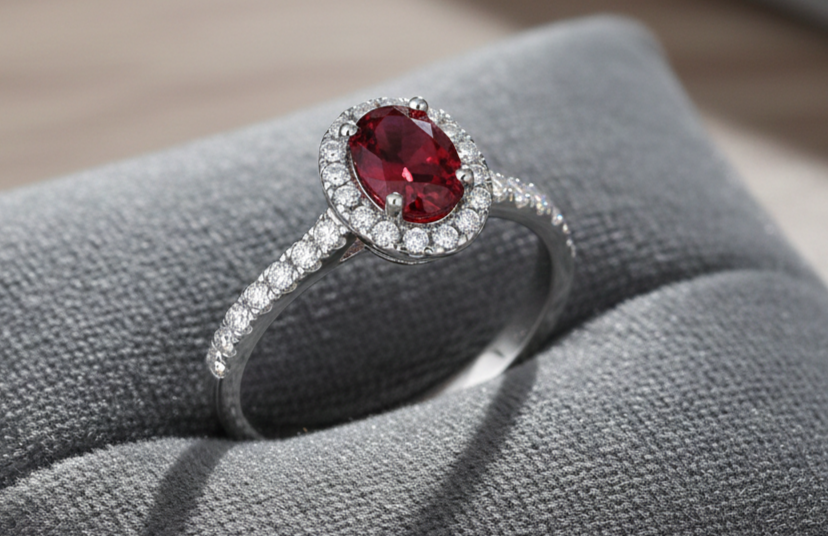 Sterling Silver Ruby Ring Oval Halo Engagement 925 Hallmark Size K-S