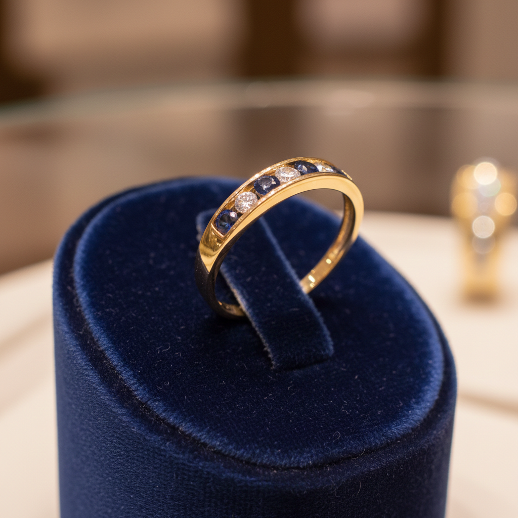 18ct Gold Sapphire Eternity Ring Channel Set on Solid Silver 925 Size K-S