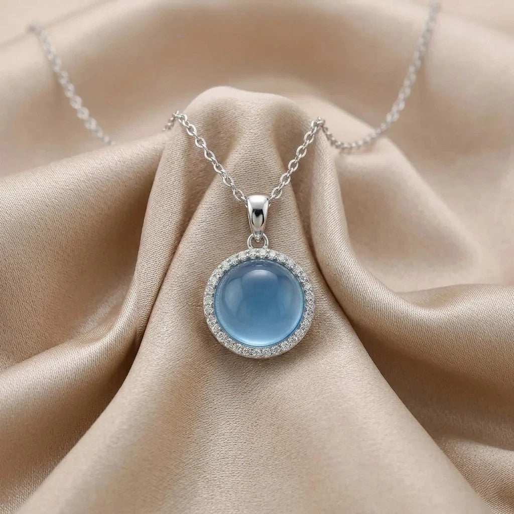 London Blue Topaz Cabochon Pendant Natural Diamonds 9ct White Gold 18" Chain