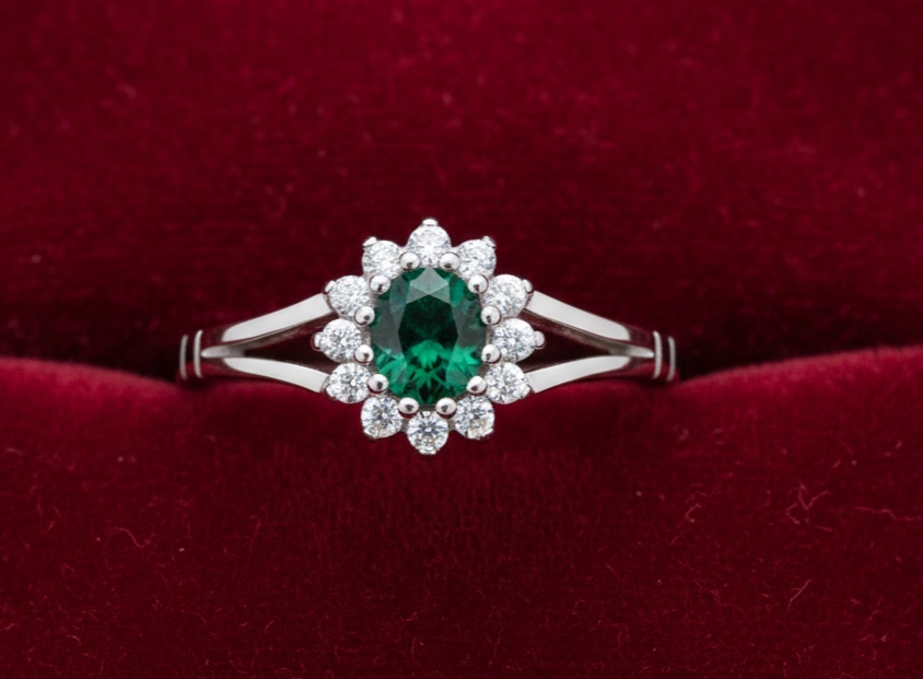 Sterling Silver Emerald Ring Oval Cluster Engagement 925 Hallmark Size K-S